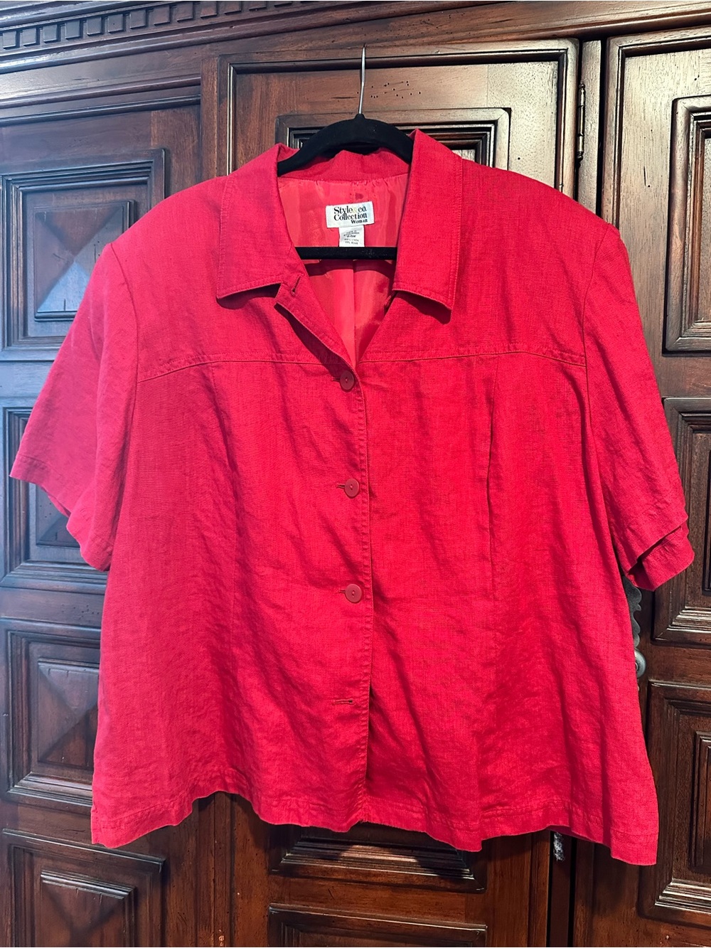 24W 100% LINEN Style & Co. Red Short-Sleeve Button-Up Shirt Jacket SHOULDER PADS